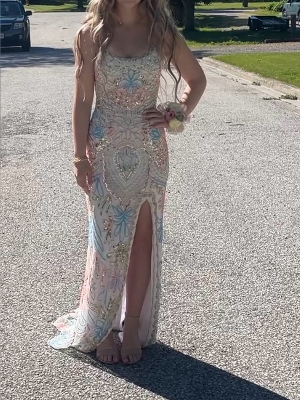 Primavera Couture Pastel Beaded Prom Gown with High Slit